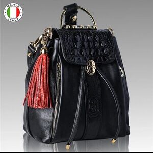 Chic Marino Orlandi Italian Croc Leather Black Backpack with Red Accent